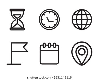Ícones simples de linha preta representando hora, local e programação