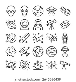 Simples ícones de linha preta representando vários conceitos de espaço e astronomia. Esta imagem apresenta espaço, astronomia, ícones, ícones de linha, alienígena.