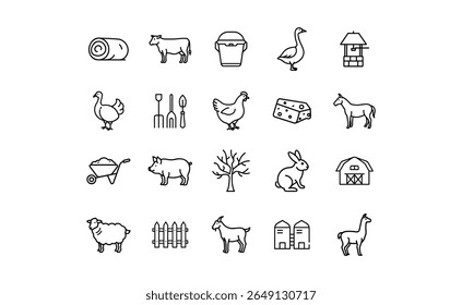 Simple black line icons representing various farm animals, tools, and structures.