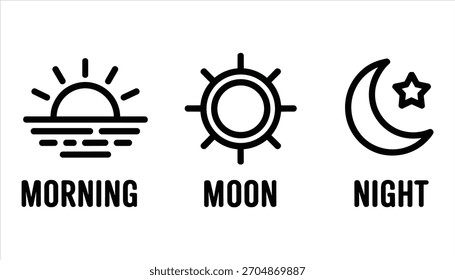 Simple black line icons representing morning sun moon and night sky with text morning sun icon sun rays