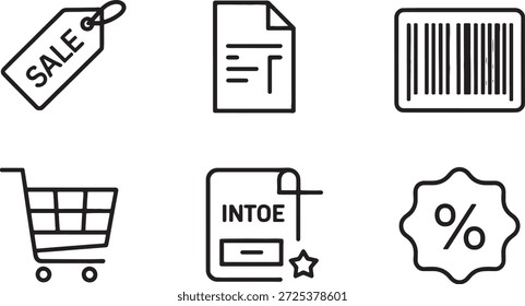 Simple black line icons representing various e-commerce elements including sale tag, document, barcode, shopping cart, invoice, and percentage symbol on a clean white background.