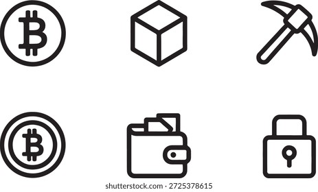 Simples ícones de linha preta representando bitcoin e conceitos relacionados como carteira e mineração em um fundo branco, simbolizando moeda digital e tecnologia blockchain.