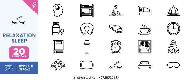Simple black line icons representing relaxation and sleep elements