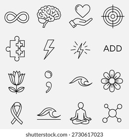 Simple black line icons representing various concepts like infinity, brain, love, and meditation on a white background.