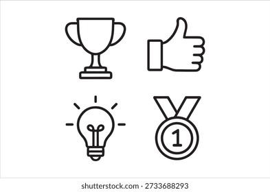 Simple black line icons representing success, achievement, ideas, and positive affirmation.