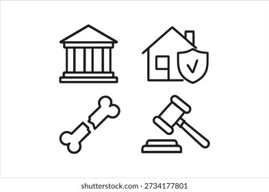 Simple black line icons representing legal services, home ownership, and justice concepts.