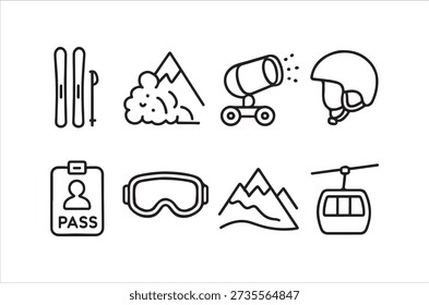 Ícones de linha preta simples representando atividades de esqui, snowboard e resort de montanha.