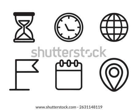 Simple black line icons representing time, location, and scheduling