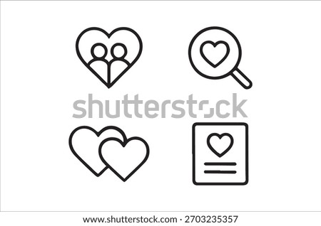 Simple black line icons representing love, relationships, and the search for a partner.