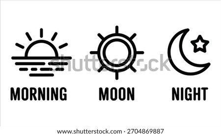Simple black line icons representing morning sun moon and night sky with text morning sun icon sun rays