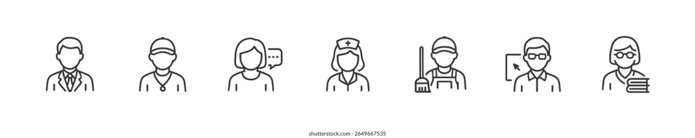 Conjunto de ícones de linha preta simples. Representar diferentes profissões, incluindo professor, enfermeiro, treinador, faxineiro e funcionário de escritório para uso de design. Vetor