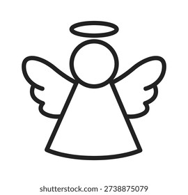 Simple black line illustration of an angel with wings and a halo, embodying innocence and purity.