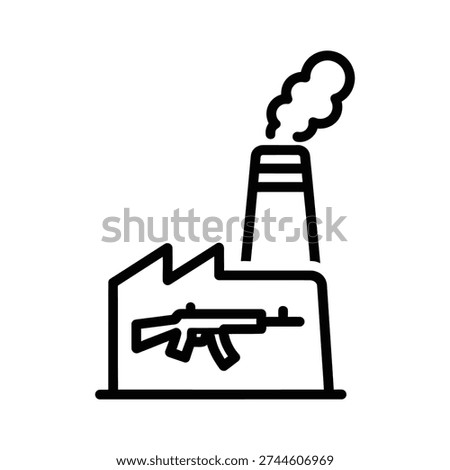 Simple black line illustration of an arms factory with a rifle inside and a smoking chimney, symbolizing weapon production.