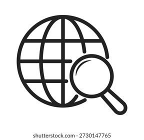 Uma simples ilustração em linha preta de um globo com uma lupa, simbolizando a pesquisa ou pesquisa global.