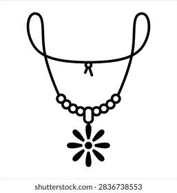 Simple black line illustration of a multi-strand necklace featuring a delicate flower-shaped pendant at the center. Suitable for jewelry, fashion accessories, floral themes, boutique collections, handmade crafts, and decorative designs.