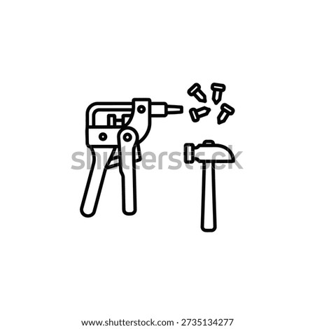 Simple black line illustration of a nail gun and hammer with scattered nails on a white background.