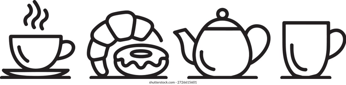 Simple black line illustration of a tea cup, croissant, teapot, and mug on a white background showcasing morning essentials and breakfast items.