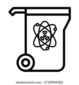 Ilustração em linha preta simples de uma lixeira com um símbolo de átomo no interior, representando ciência e descarte