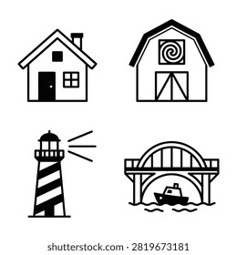 Simple black line illustrations of house barn lighthouse and bridge with boat