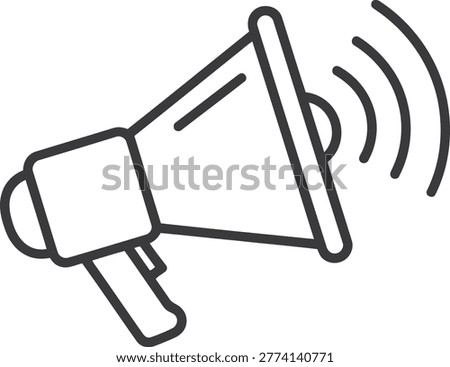 A simple black line of a megaphone on a white background, with three curved lines emanating........