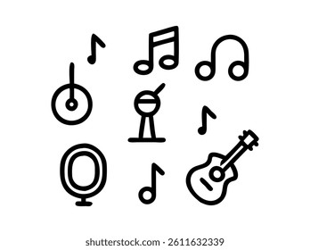 Simple Black Line Music Icons Set, A collection of nine simple, black line icons representing musical elements.