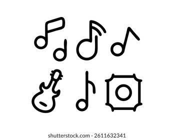 Simple Black Line Music Icons Set, A collection of nine simple, black line icons representing musical elements.