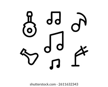 Simple Black Line Music Icons Set, A collection of nine simple, black line icons representing musical elements.