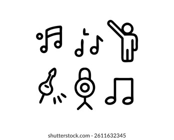 Simple Black Line Music Icons Set, A collection of nine simple, black line icons representing musical elements.