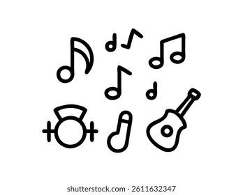 Simple Black Line Music Icons Set, A collection of nine simple, black line icons representing musical elements.