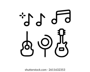 Simple Black Line Music Icons Set, A collection of nine simple, black line icons representing musical elements.