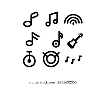 Simple Black Line Music Icons Set, A collection of nine simple, black line icons representing musical elements.