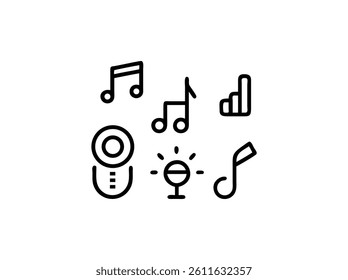 Simple Black Line Music Icons Set, A collection of nine simple, black line icons representing musical elements.
