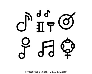 Simple Black Line Music Icons Set, A collection of nine simple, black line icons representing musical elements.
