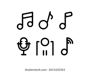 Simple Black Line Music Icons Set, A collection of nine simple, black line icons representing musical elements.