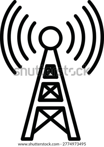 A simple black line of a radio broadcasting tower with signal waves emanating from the and three communication symbols on the side.