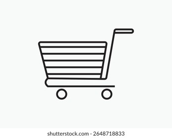 Simple black line shopping cart icon in flat design. Ideal for e-commerce, online store, retail, checkout, and digital marketplace user interface designs.