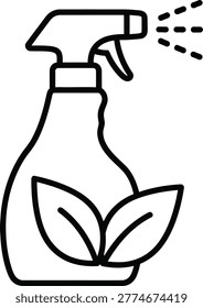 A simple black line of a spray bottle with two leaves at the bottom, spraying liquid droplets from the nozzle.