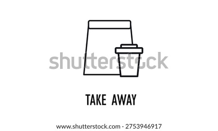 Simple black line take away icon with paper bag and coffee cup, minimalist food delivery and takeaway drink vector symbol isolated on white background, restaurant pickup concept.