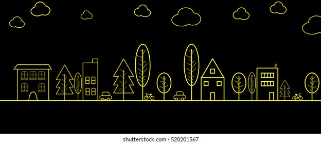 Simple black line of town in panorama view with yellow background