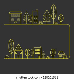 Simple black line of town in vertical view with yellow background