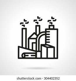 Simple black line vector icon for chemical plant or processing of chemical waste. Processing factory, towers with smoke, environmental pollution. Design element for business, logo and website