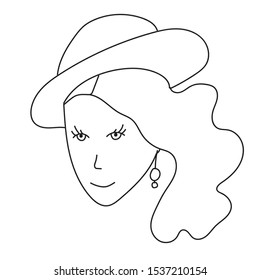 Simple black line vector illustration, girl in a hat with an earring, wavy long hair. Freehand drawing for fashion decor, clothes, beauty salon.