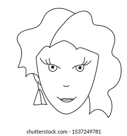 Simple black line vector illustration, a cute girl with an earring, a fashionable asymmetric haircut for the decor of hairdressers, cosmetics, a beauty salon.