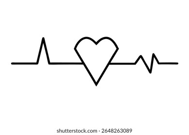 A simple black line vector illustration of a heart with an ECG heartbeat line on a white background.