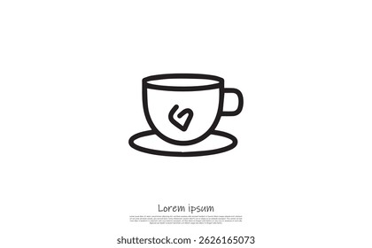 Simple black linear outline of a cup on a saucer, featuring a stylized letter G, set on a transparent background.