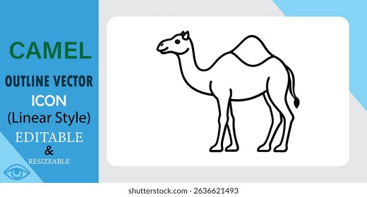 A simple black linear outline vector illustration of a camel. Editable and resizable graphic suitable for various designs. Clean and minimalist style.