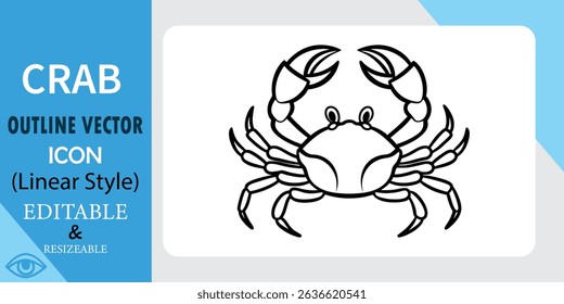 A simple black linear style crab outline vector icon. Editable and resizable for various designs.