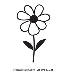 A simple black line-art drawing features a stylized flower with round petals radiating from a solid center. It includes a slender stem and two leaves against a transparent backdrop.
