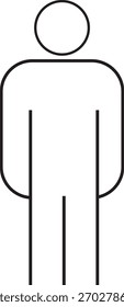Un simple icono de arte lineal negro de una persona de pie con una cabeza circular y un contorno de cuerpo limpio y redondeado. Comúnmente utilizado como símbolo universal para usuarios, perfiles o señalización masculina en baños.