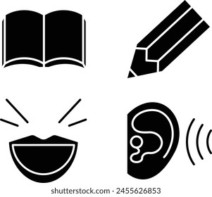 Simple black lineless icons representing the four basic skills necessary for language acquisition